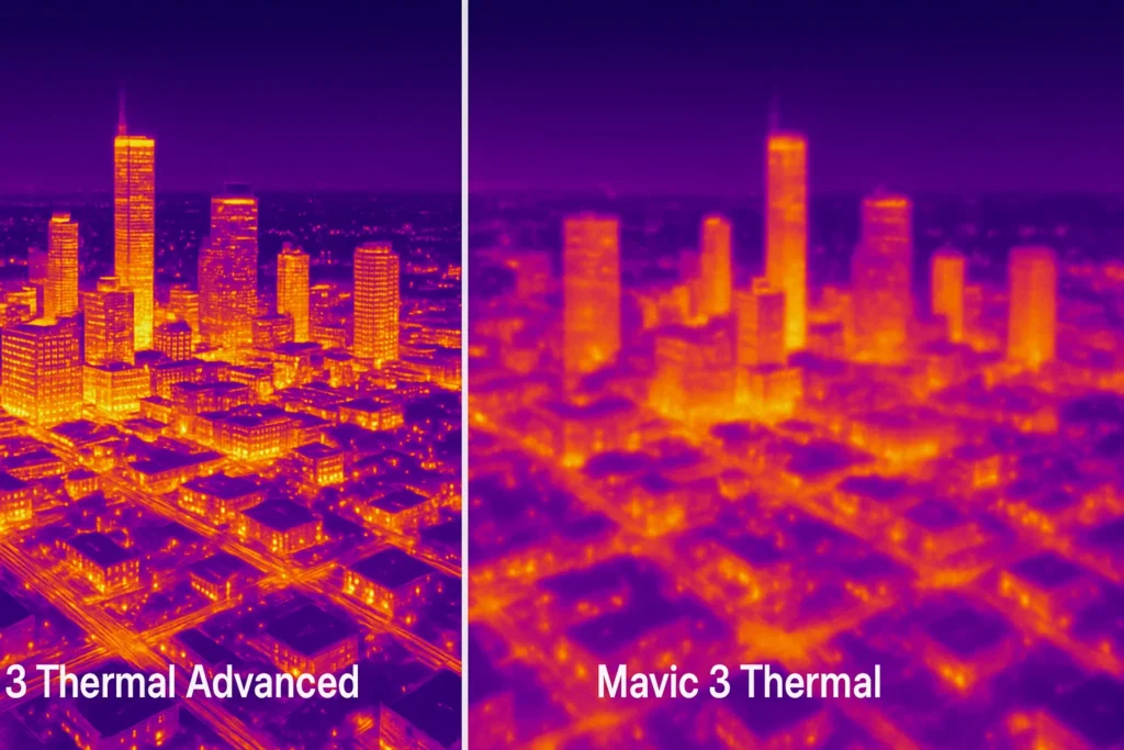 So sánh hình ảnh hồng ngoại của Mavic 3 Thermal Advanced và Mavic 3 Thermal trong điều kiện ban đêm