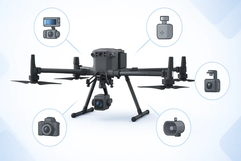Ảnh minh họa tải trọng và phụ kiện tương thích của DJI Matrice 400 RTK
