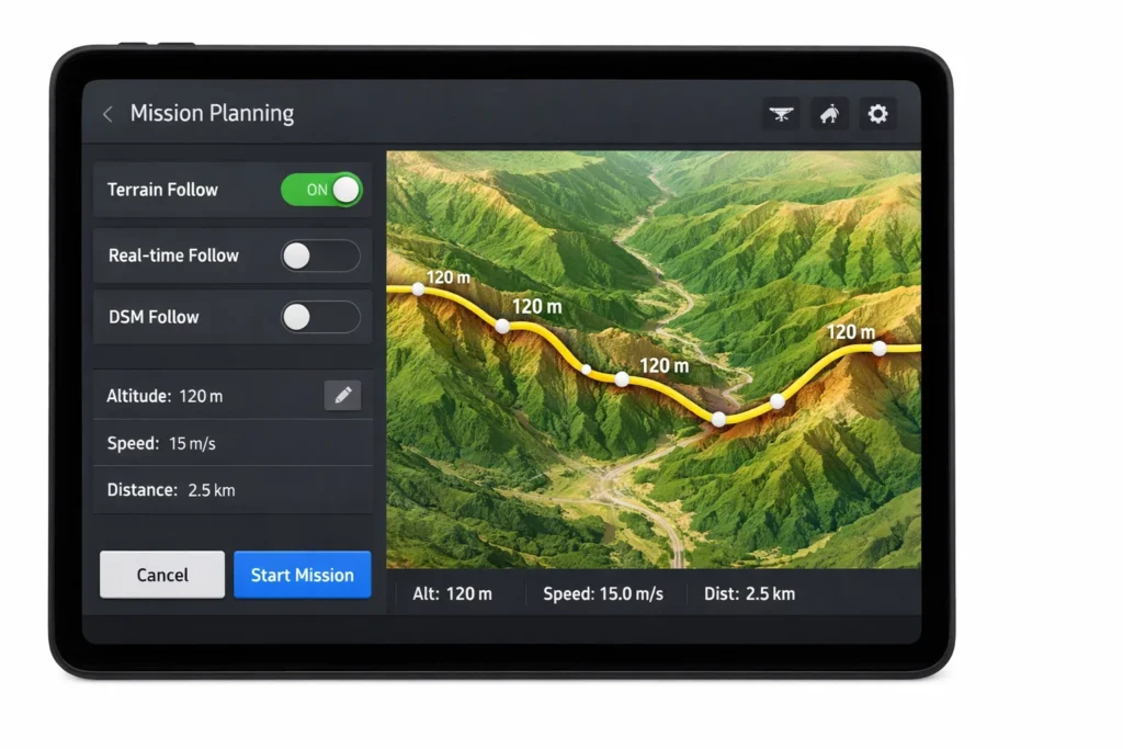 Minh họa thao tác bám địa hình DJI Pilot 2 khi bật Terrain Follow