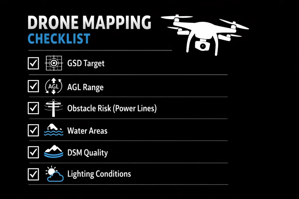 Checklist trước chuyến bay khi dùng chế độ Terrain Follow DJI để mapping