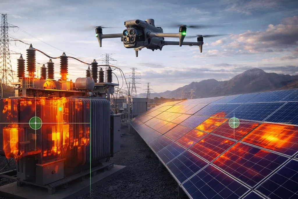 Drone camera nhiệt phát hiện điểm nóng trên hệ thống điện công nghiệp