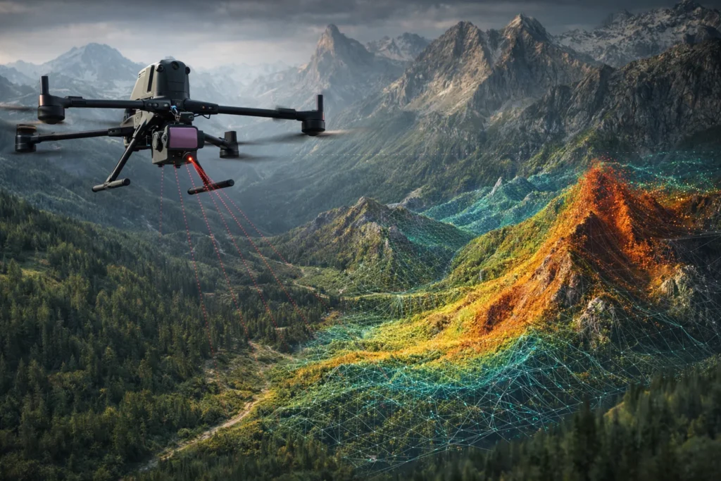 Drone LiDAR tạo point cloud 3D trong khảo sát địa hình