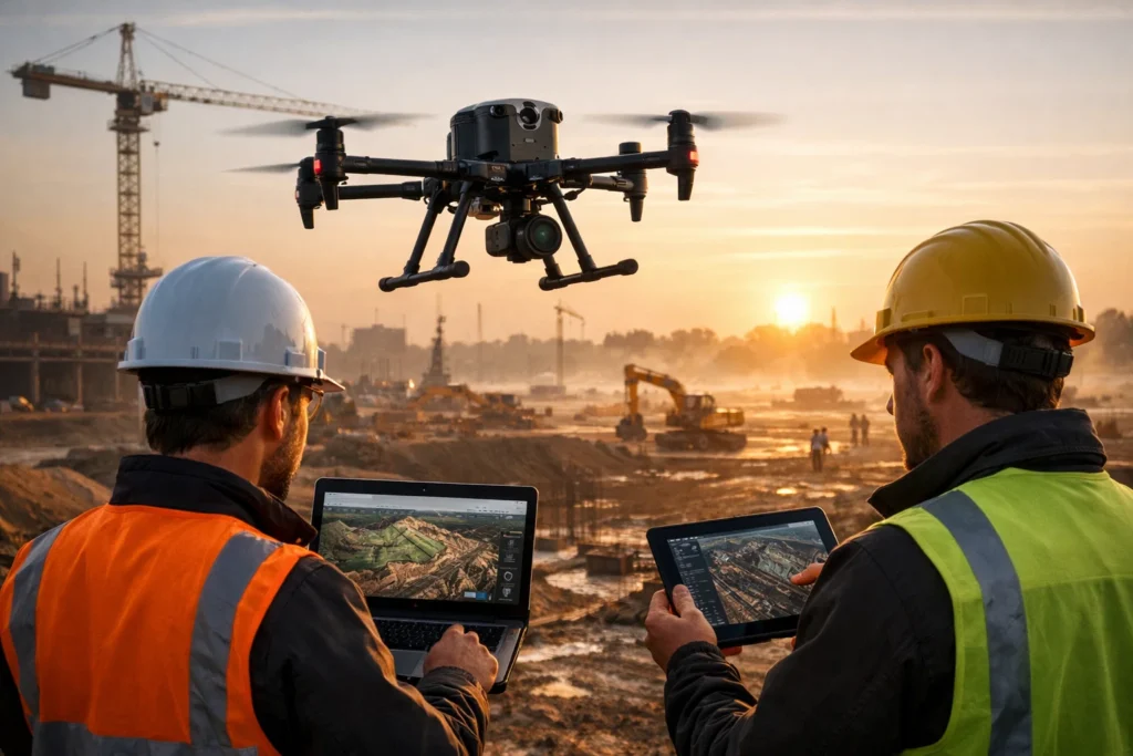 Drone khảo sát RTK bay trên công trường để thu thập dữ liệu chính xác. RTK là gì ?