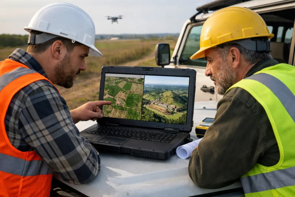 Kỹ sư kiểm tra dữ liệu từ drone khảo sát RTK sau chuyến bay