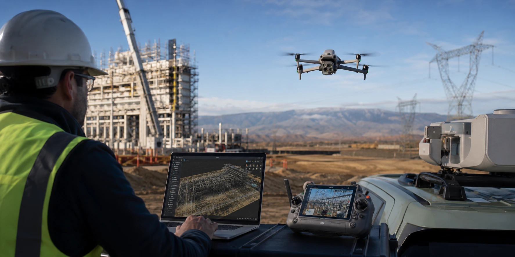 Kỹ sư xử lý dữ liệu bản đồ 3D từ drone DJI trên máy tính