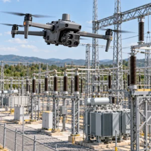 Drone camera nhiệt kiểu DJI đang thực hiện nhiệm vụ kiểm tra hạ tầng điện công nghiệp