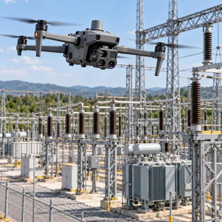 Drone camera nhiệt kiểu DJI đang thực hiện nhiệm vụ kiểm tra hạ tầng điện công nghiệp