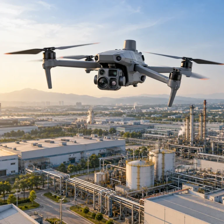 Drone camera nhiệt kiểu DJI bay kiểm tra khu công nghiệp quy mô lớn.