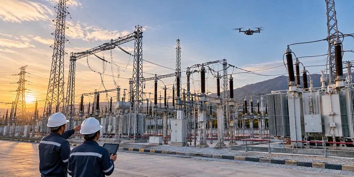Drone kiểm tra trạm biến áp với kỹ thuật viên điều hành ngoài hiện trường