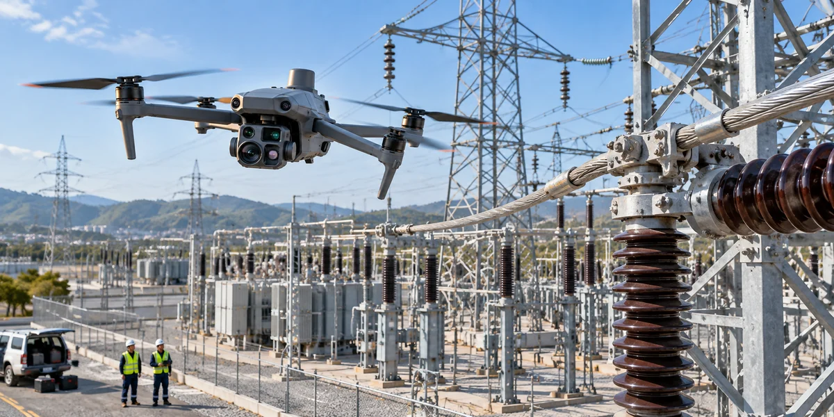 Drone camera nhiệt kiểm tra trạm biến áp và thiết bị điện ngoài trời.