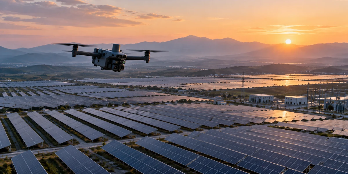 Drone bay khảo sát trên các dãy pin năng lượng mặt trời lúc hoàng hôn