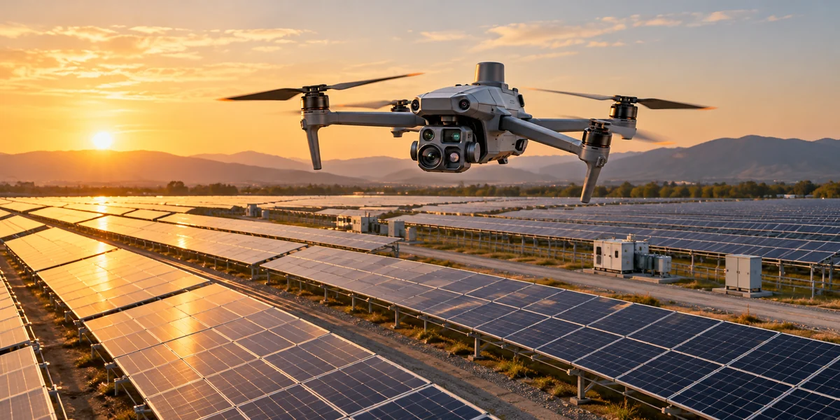 Drone camera nhiệt kiểm tra hệ thống pin năng lượng mặt trời lúc hoàng hôn.
