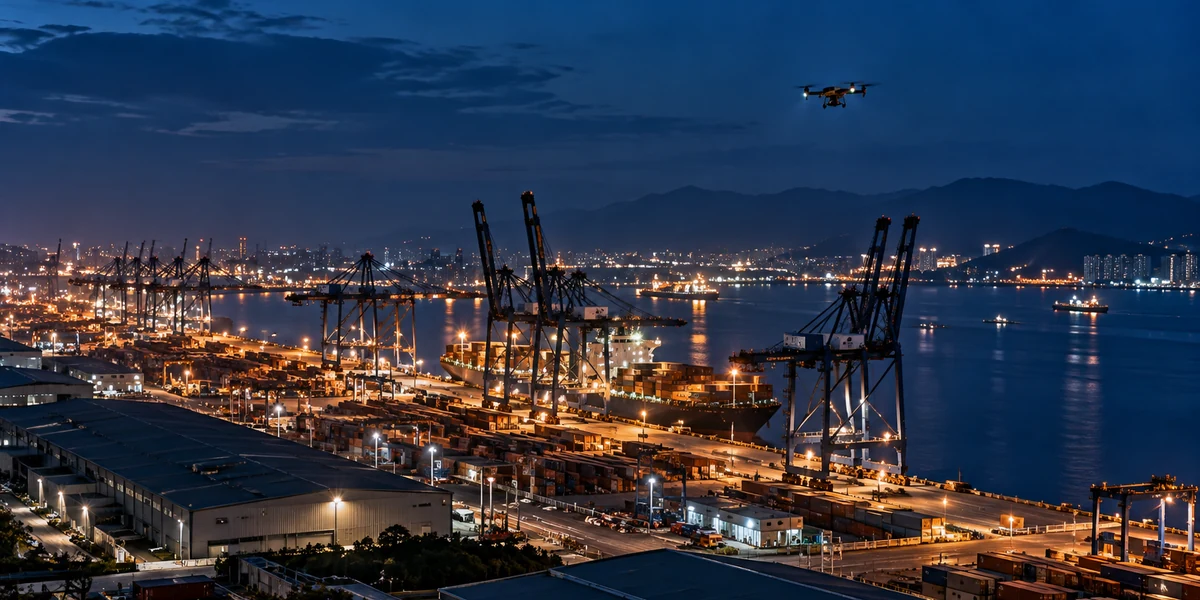 Drone hỗ trợ tuần tra an ninh khu vực cảng container vào ban đêm
