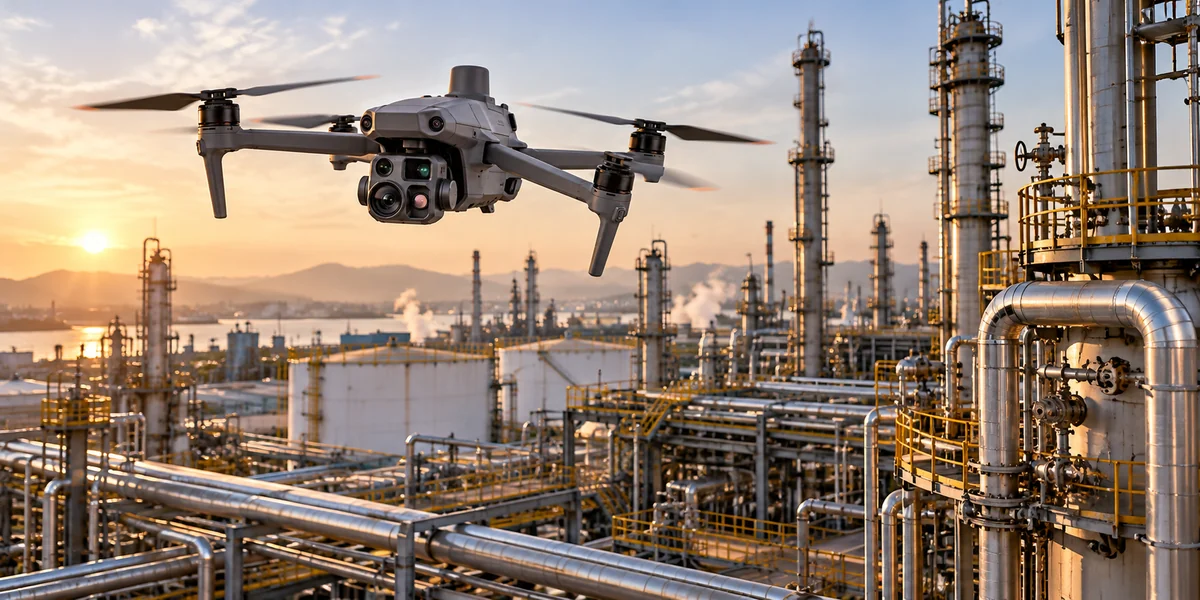 Drone camera nhiệt kiểm tra nhà máy công nghiệp với hệ thống đường ống và bồn chứa.