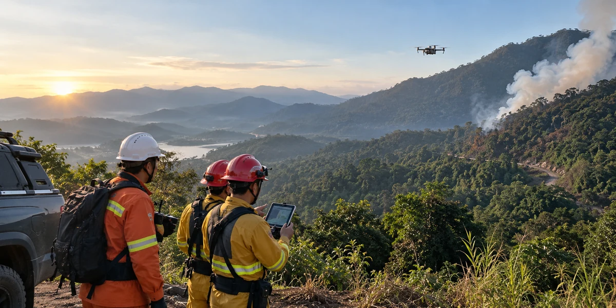 Đội cứu hộ phối hợp cùng drone quan sát khu vực khói cháy trên sườn núi
