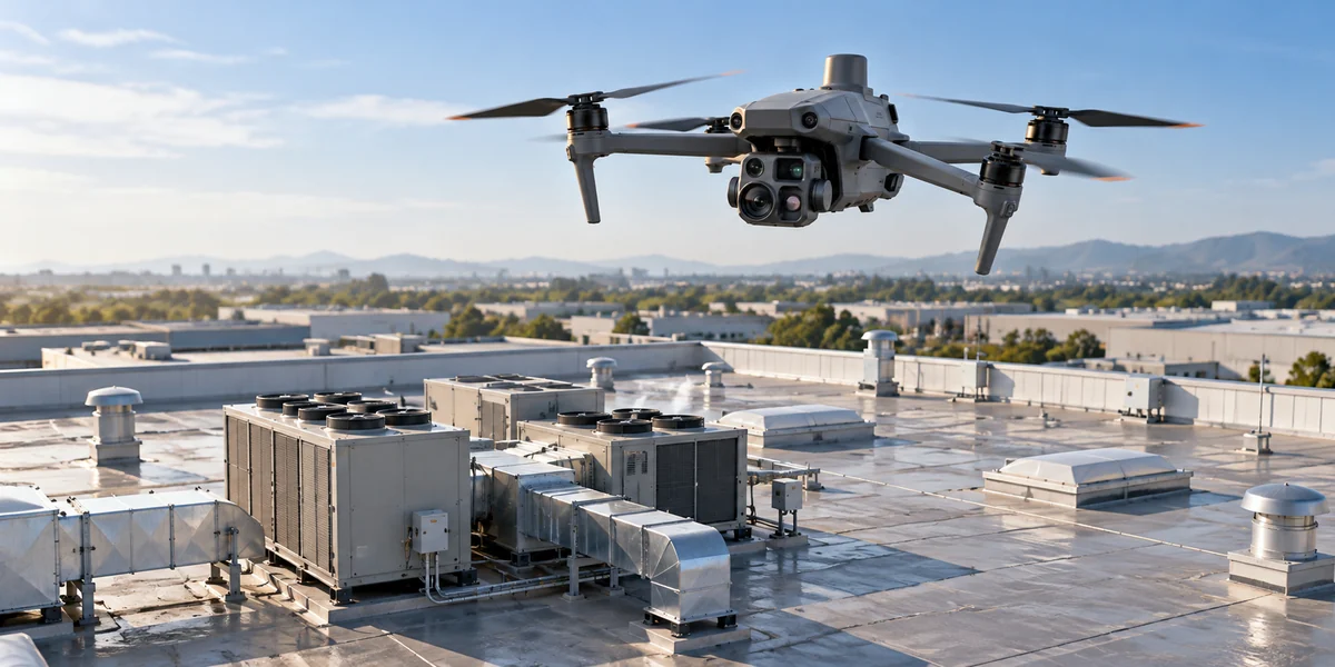 Drone camera nhiệt kiểm tra mái nhà công nghiệp và hệ thống HVAC trên mái.
