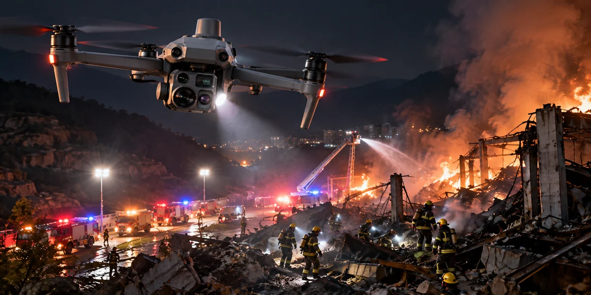 Drone camera nhiệt hỗ trợ chữa cháy và cứu hộ ban đêm tại hiện trường hỏa hoạn.