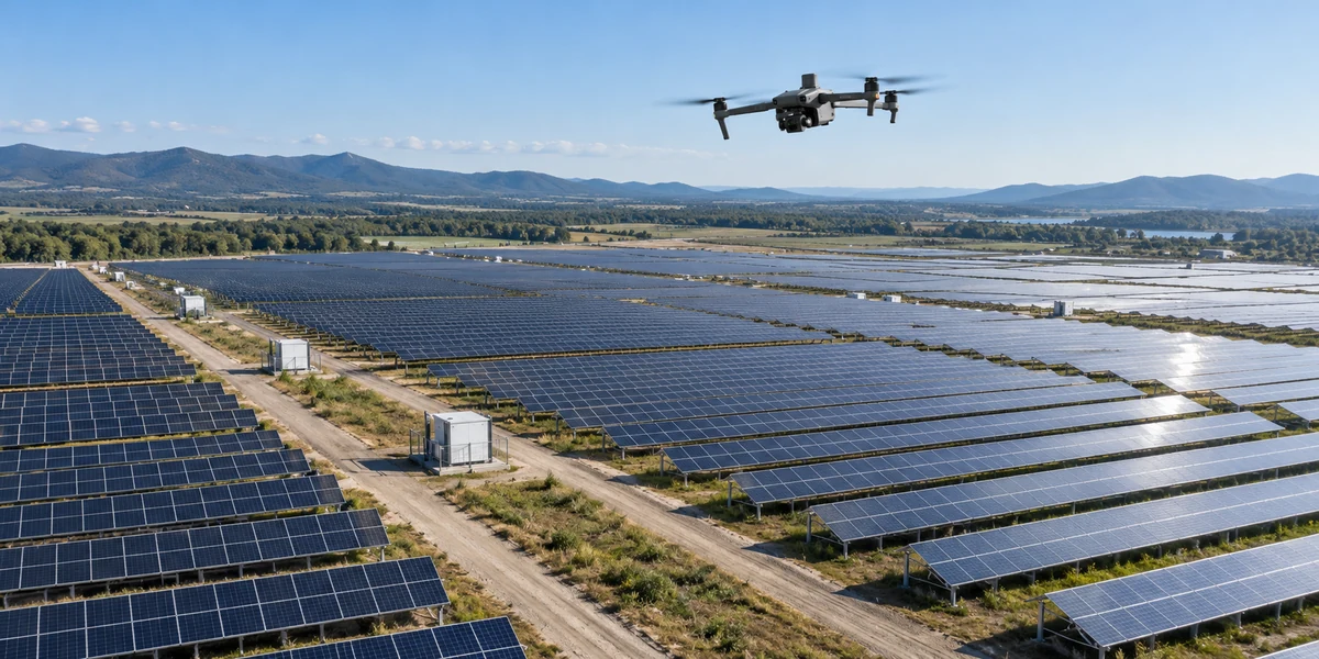 Drone camera nhiệt bay kiểm tra bề mặt các dãy pin năng lượng mặt trời